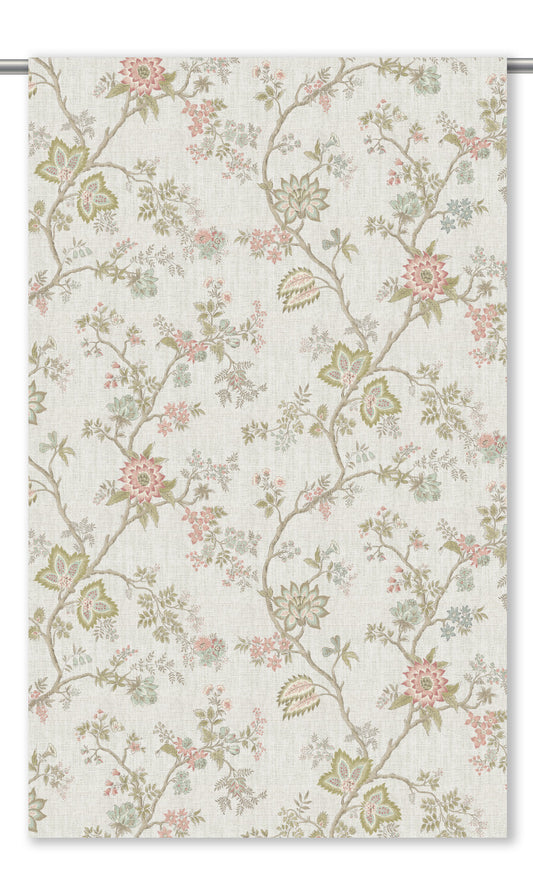 Close-up detail of ivory springtime floral fabric with baby pink flowers