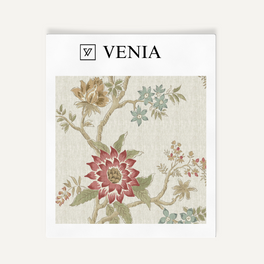 Ivory linen springtime floral fabric with crimson flowers, swatch by Venia Home