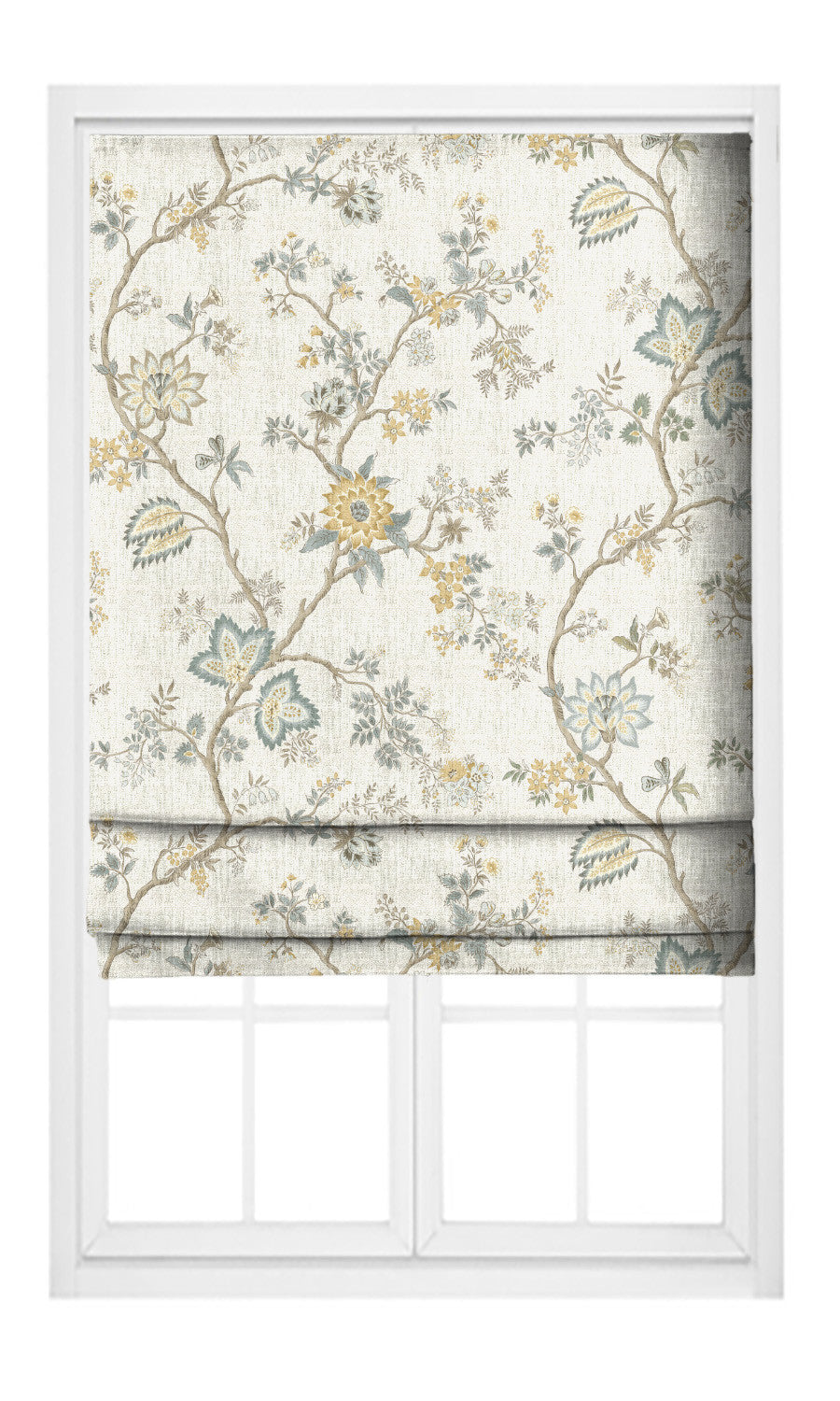 Close-up detail of ivory springtime floral fabric with soft yellow flowers