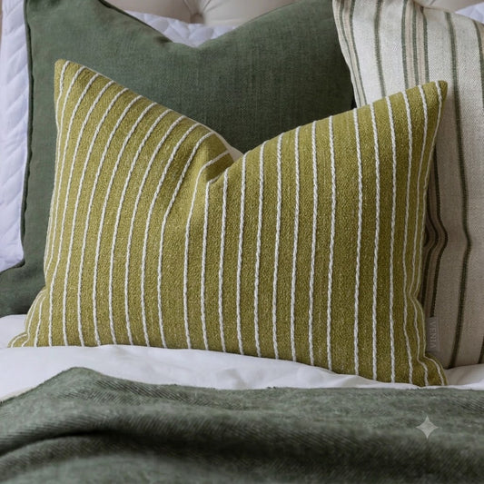 Yellow-green thin stripes fabric on a cushion