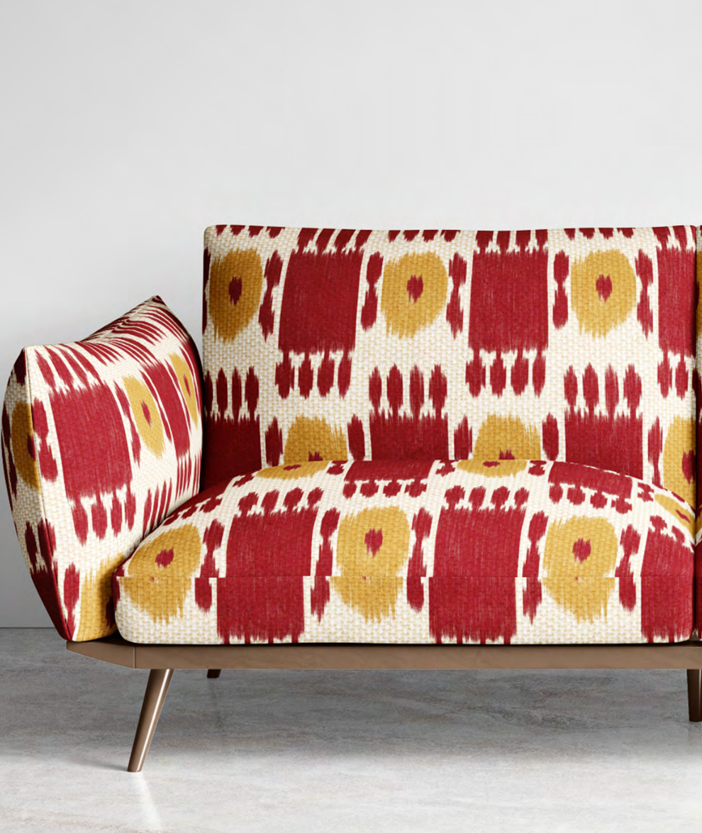 Close-up detail of maroon and ochre trellis stripe fabric