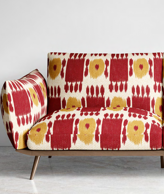 Close-up detail of maroon and ochre trellis stripe fabric