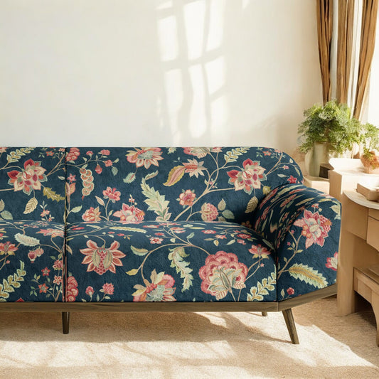 Blue whispering blossoms fabric curtain detail