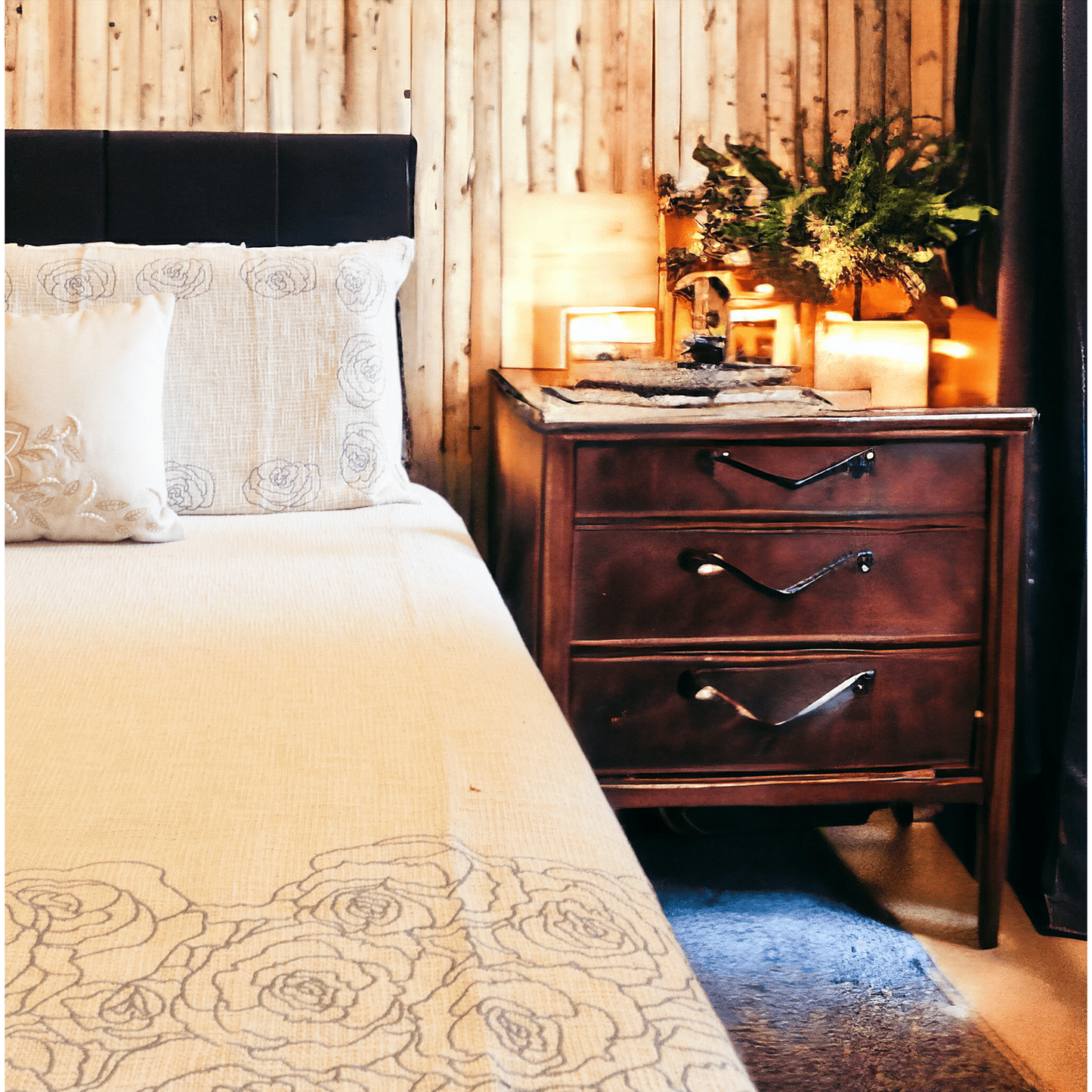 A bedcover set, spread on a bed