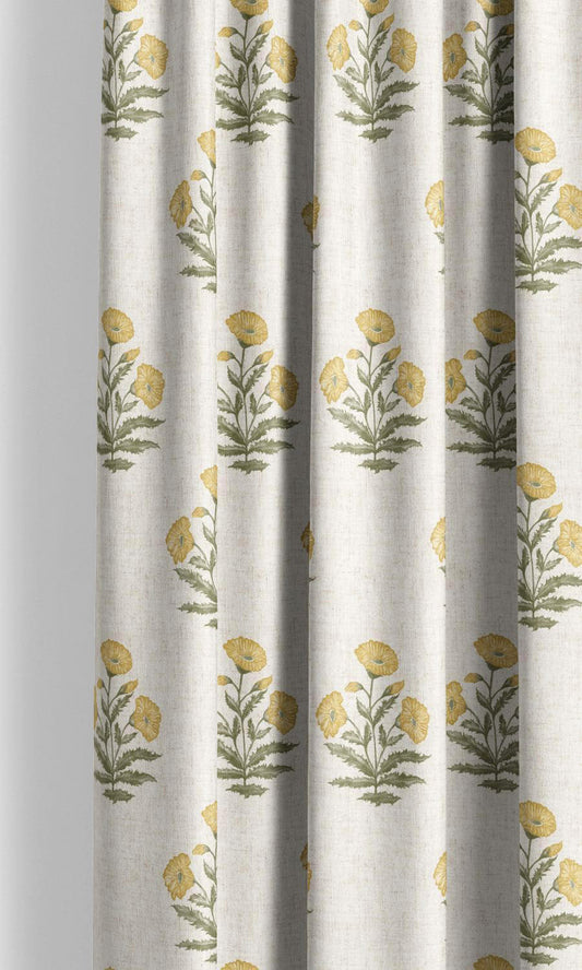 Wildflower Trail - Sheer White Linen Curtains - Yellow Flowers