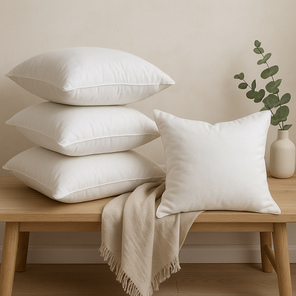 Front view of four plush 16x16 cushion fillers neatly arranged on a wooden table, showcasing their size and inviting softness for stylish home decor.