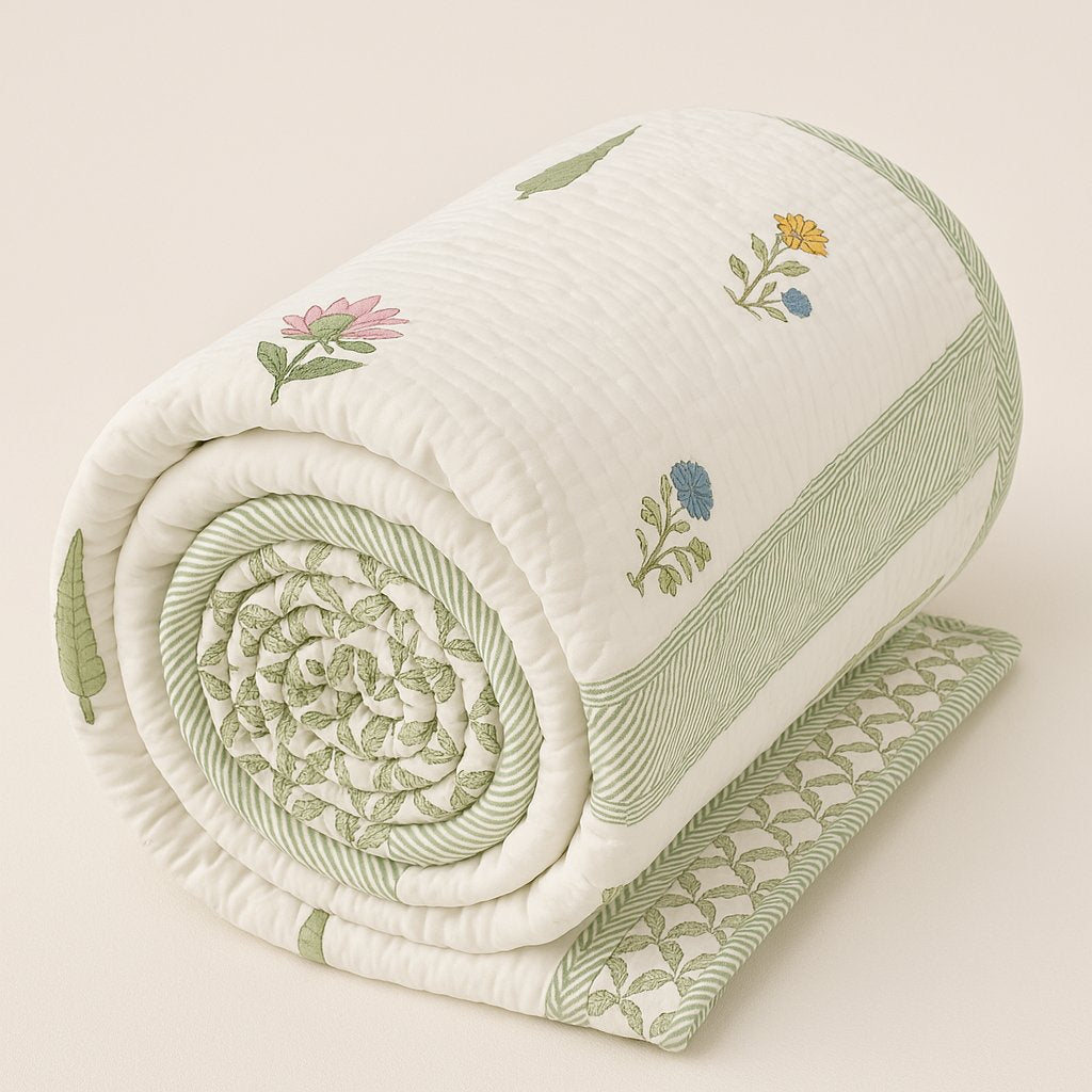 Hand block printed quilt, elegantly rolled, showcasing intricate design and craftsmanship, perfect for adding charm to your bedroom decor.