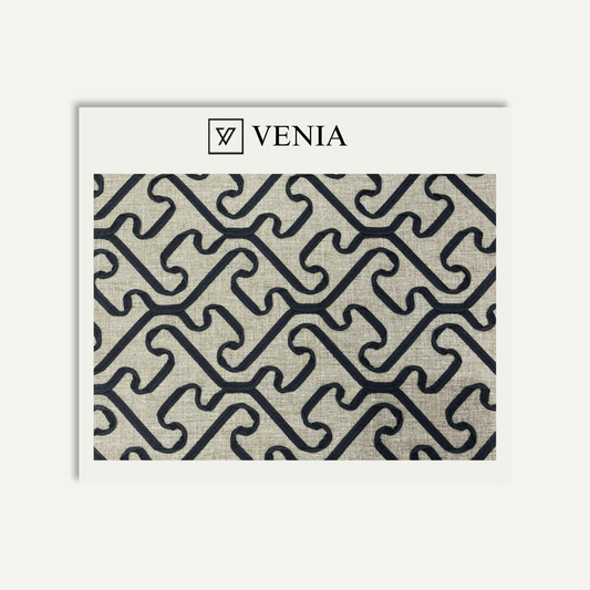 Patterned fabric swatch with 'Venia' branding on a white background