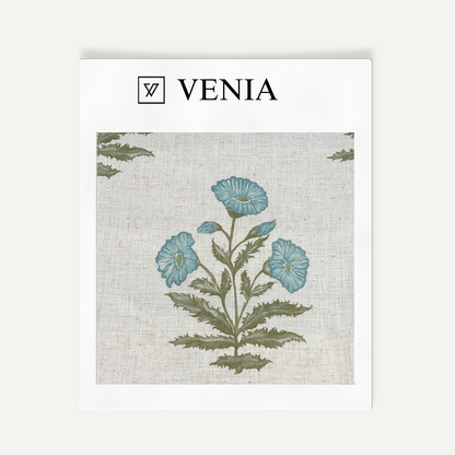 Wildflower Trail - Sheer White Linen Curtains - Blue Flowers
