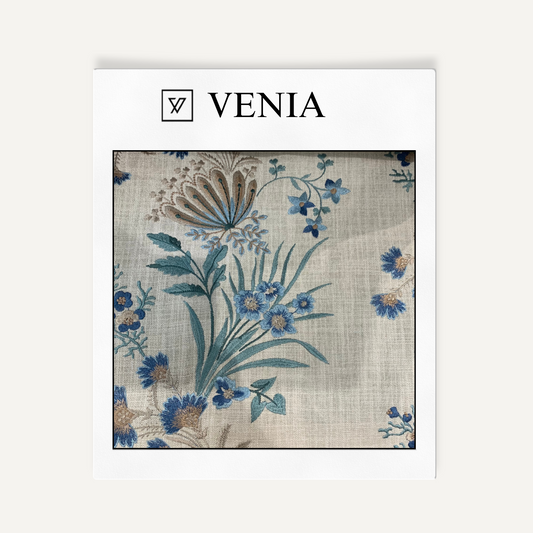 Exotic Eden Fabric - Ivory with Blue Flowers