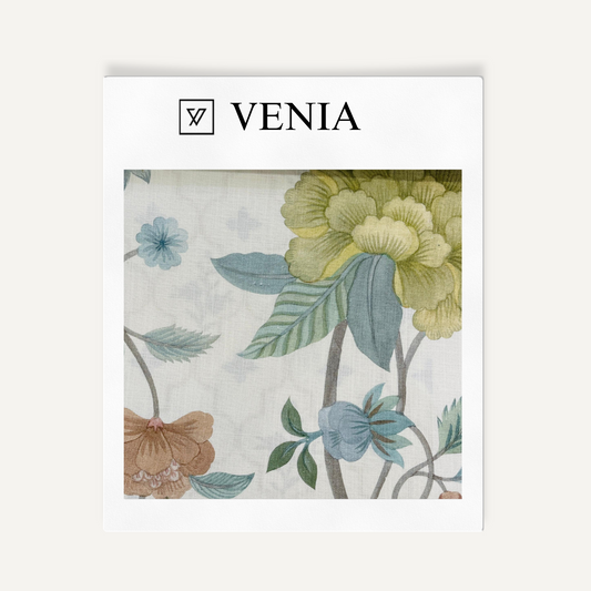 Floral pattern with 'Venia' branding on a light background