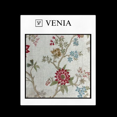 Springtime Floral Fabric - Ivory Linen with Crimson Flowers