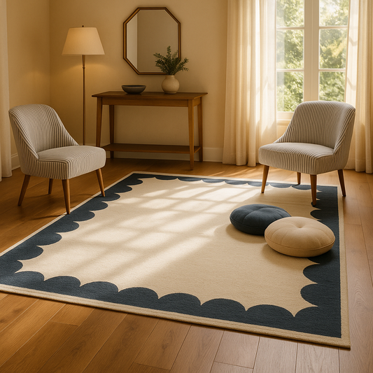 Living room with two chairs, a table, and decorative pillows on a blue and beige rug.