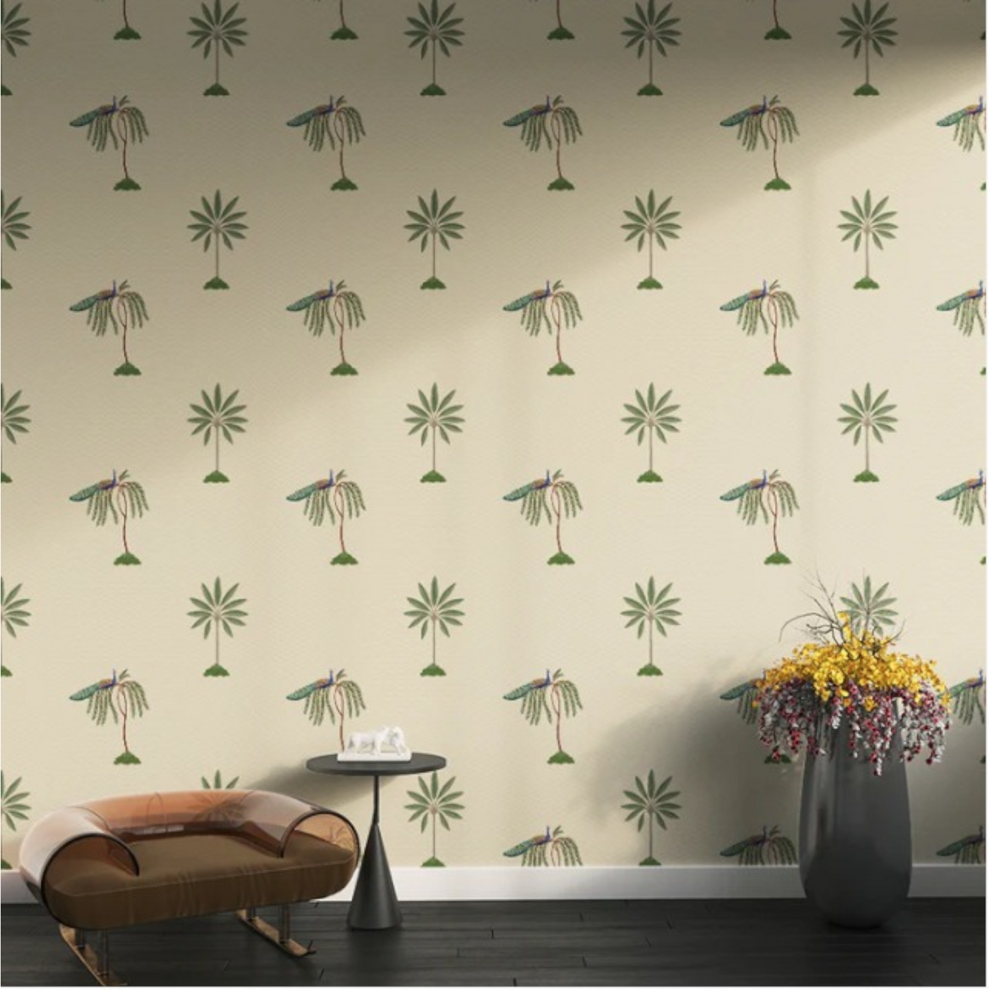 a wall adorned with a beige and green wallpaper