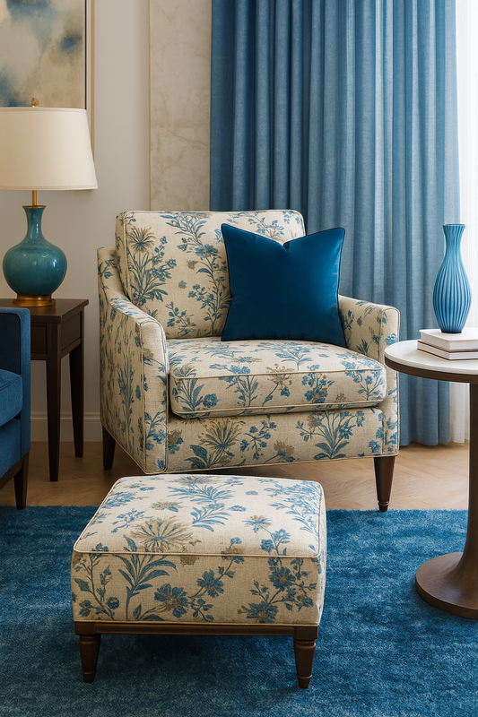Exotic Eden Fabric - Ivory with Blue Flowers