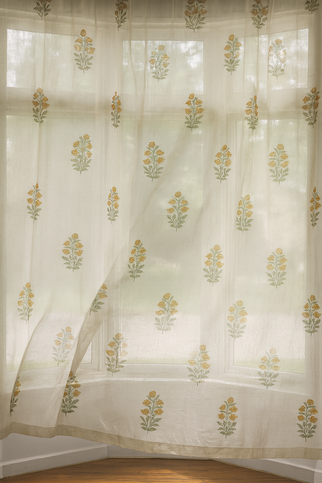 Floral Reverie - Sheer White Linen Curtains - Orange Flowers