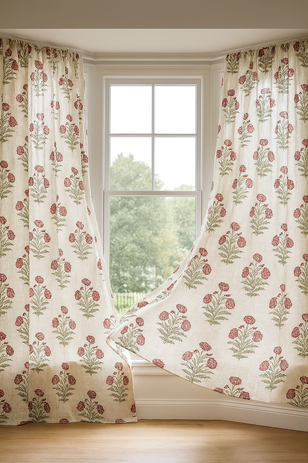 Wildflower Trail - Sheer White Linen Curtains - Crimson Flowers