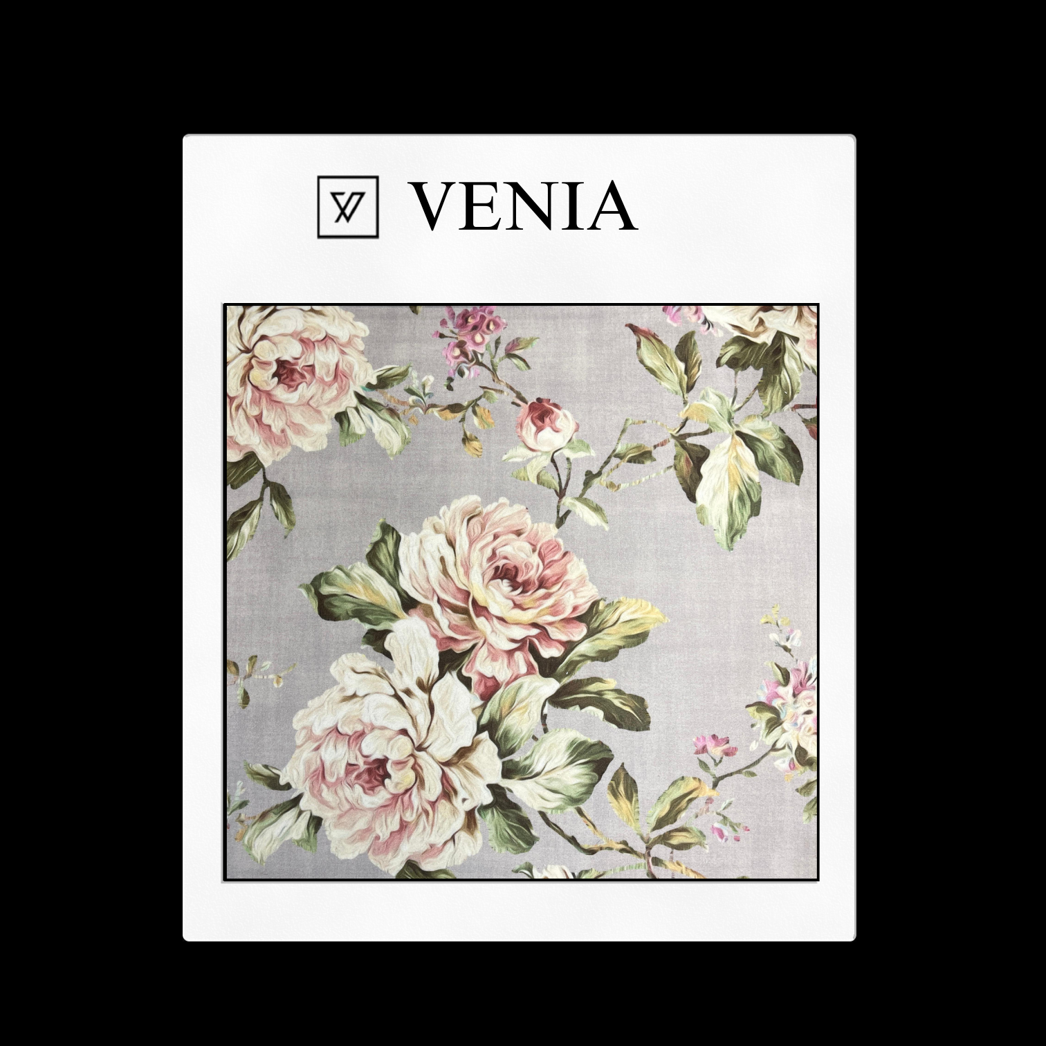 Grey floral velvet fabric with light pink flowers and leaves