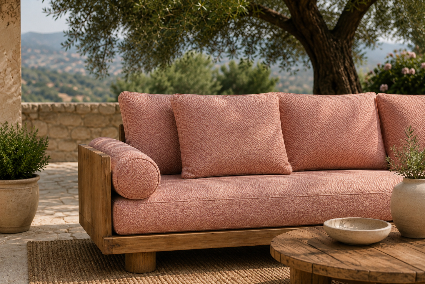 Chevron Weave Outdoor Fabric - Blush Pink