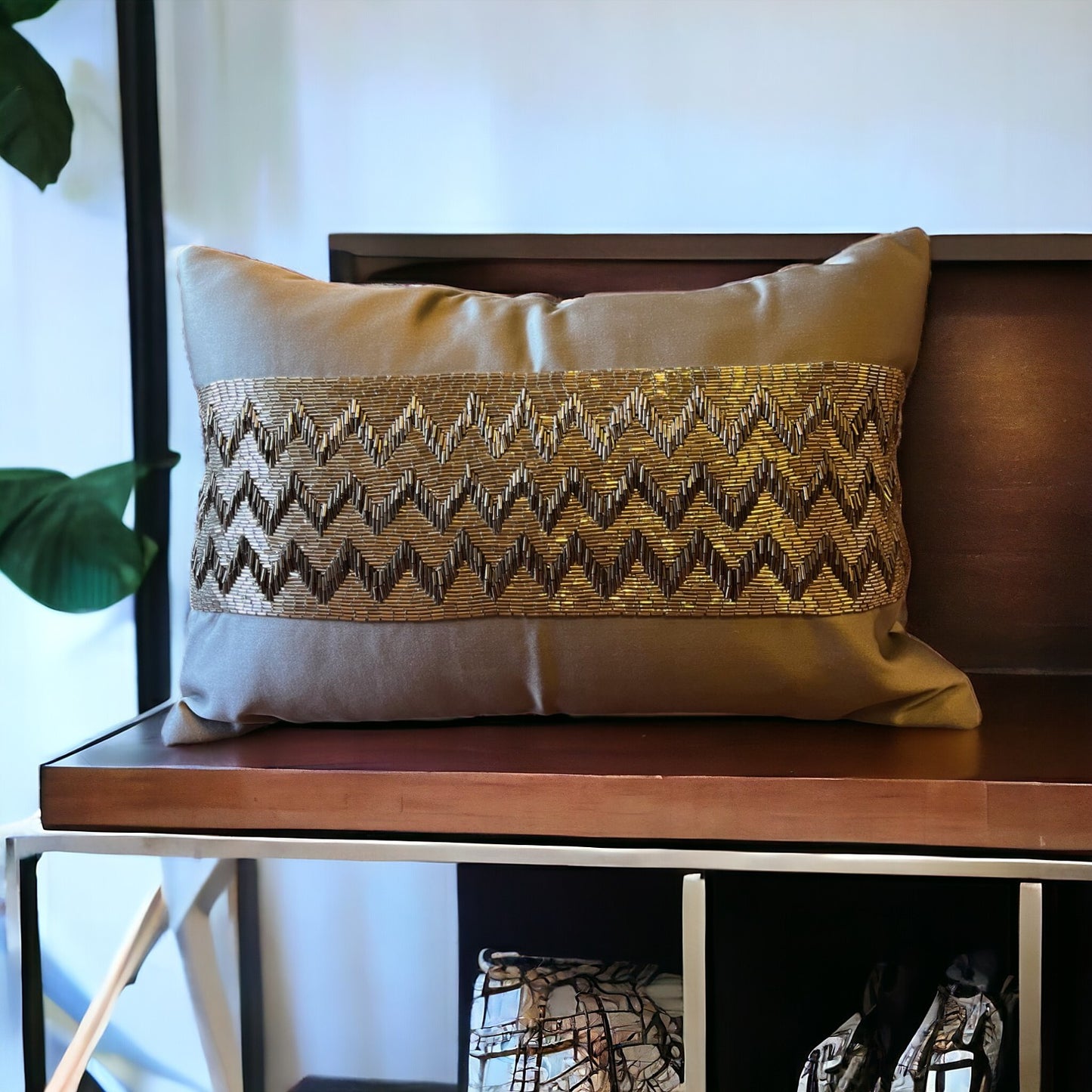 Luxury cushion cover on a wooden countertop