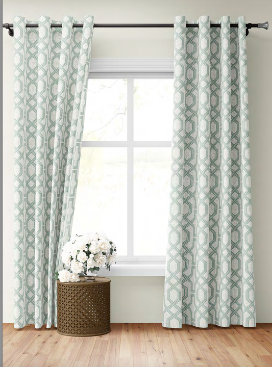 Octagon Lattice Fabric - Ivory with Jade Green detail