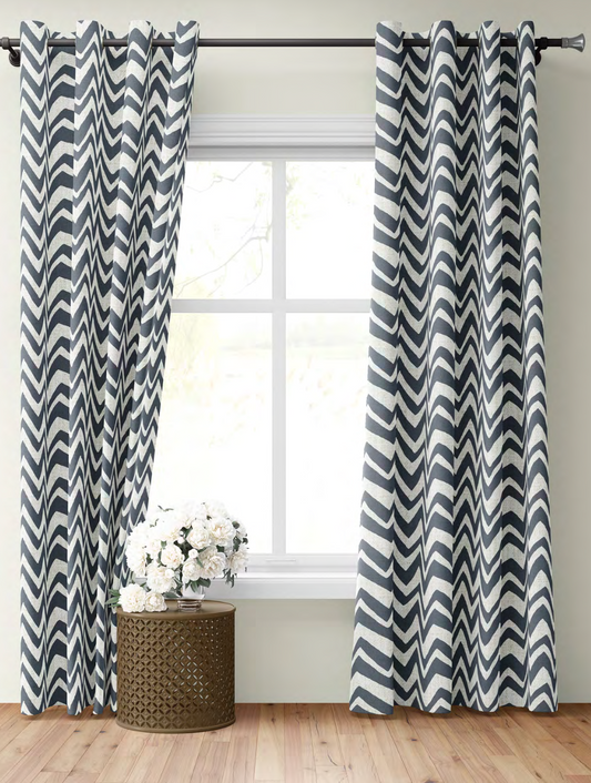 Zigzag Fabric - Ivory with Navy detail