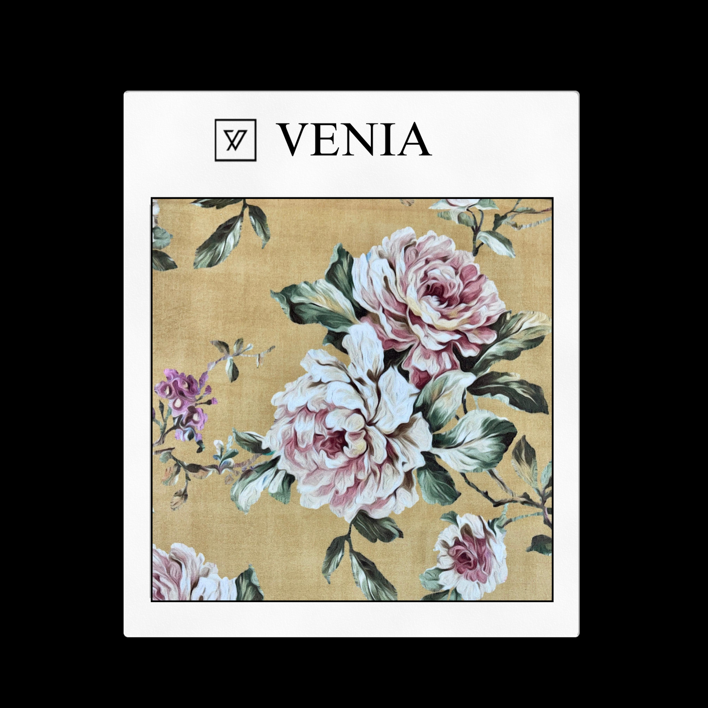 Yellow floral velvet fabric with light pink flowers and leaves