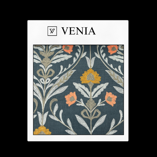 piece of curtain and upholstery fabric on a 'VENIA' monogrammed mockup