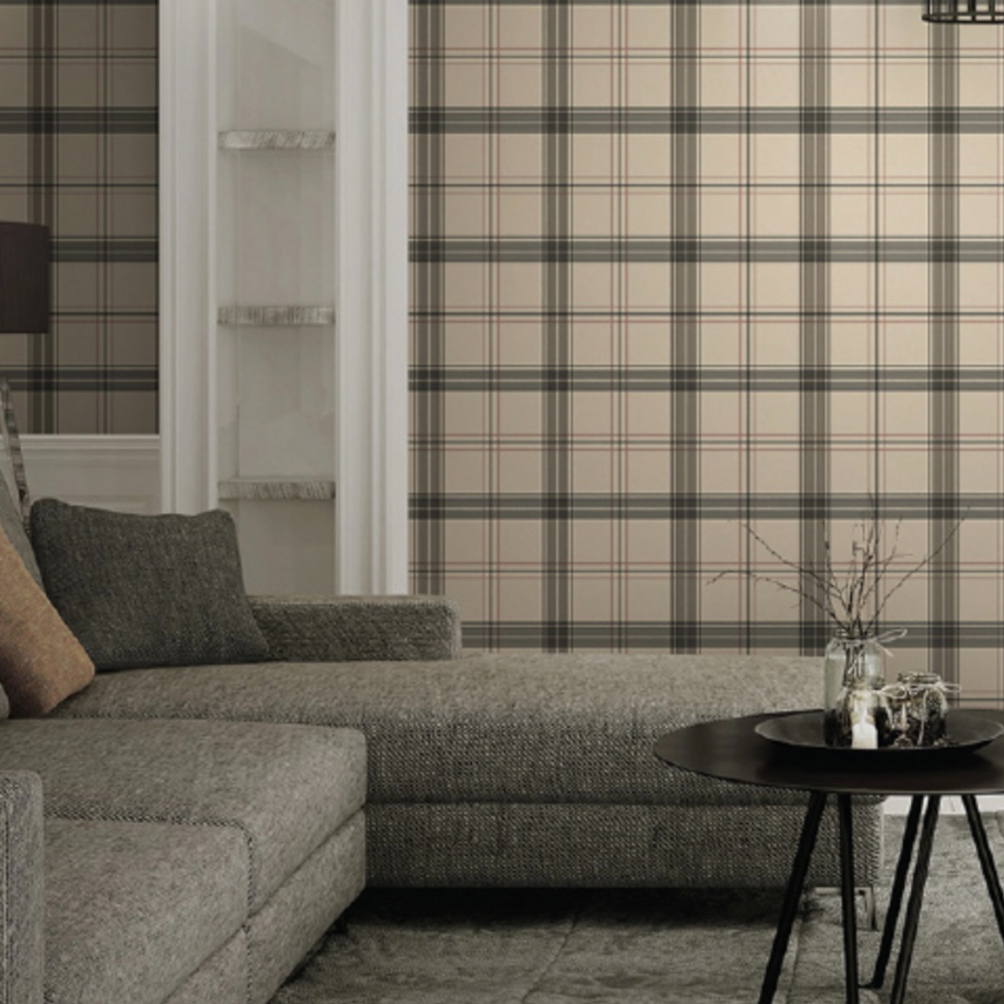 living room adorned with green and beige classic checks 