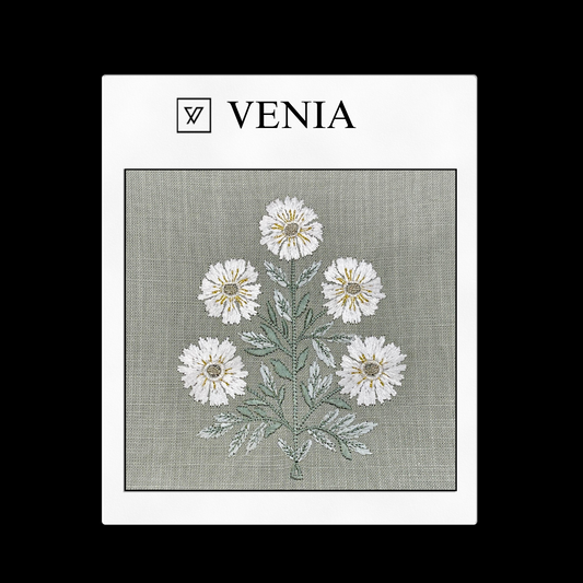 piece of curtain and upholstery fabric on a 'VENIA' monogrammed mockup