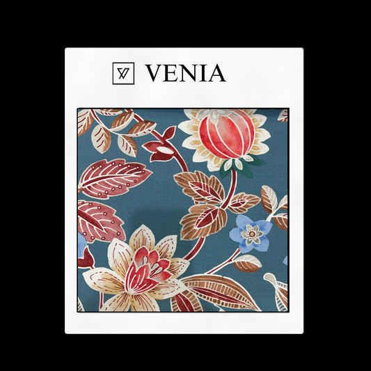 piece of curtain and upholstery fabric on a 'VENIA' monogrammed mockup