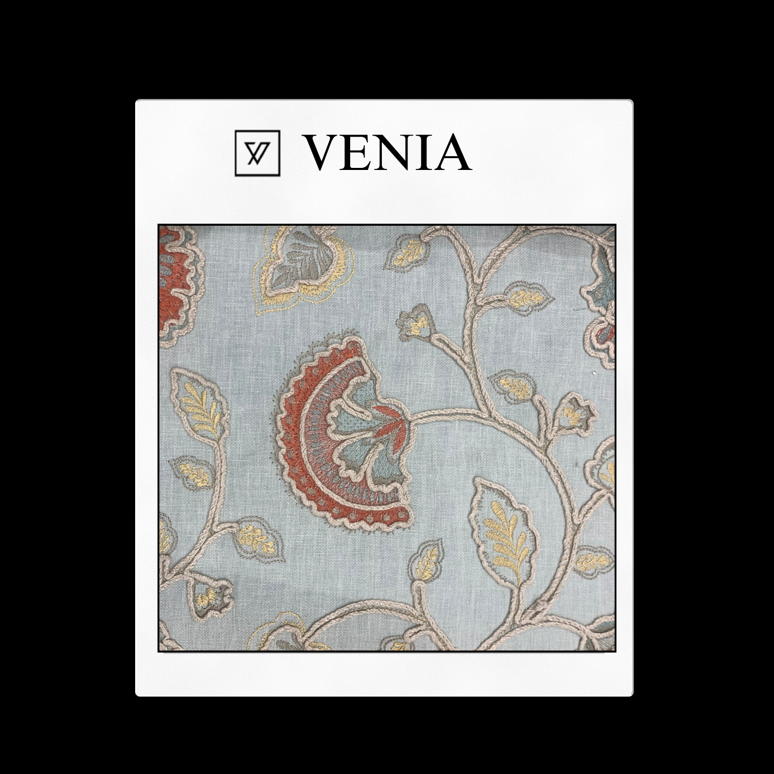 piece of curtain and upholstery fabric on a 'VENIA' monogrammed mockup