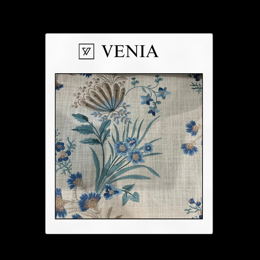 piece of curtain and upholstery fabric on a 'VENIA' monogrammed mockup