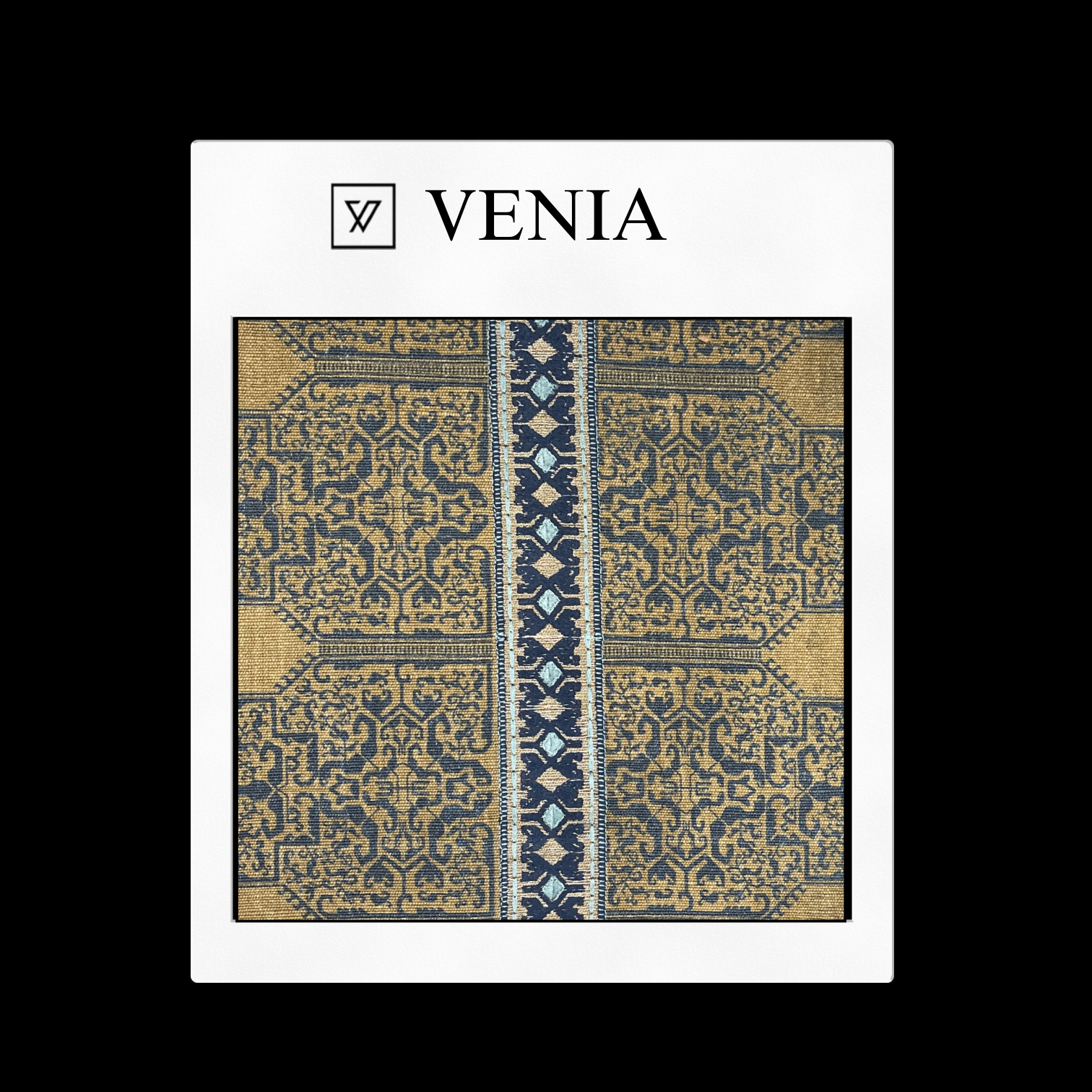 piece of curtain and upholstery fabric on a 'VENIA' monogrammed mockup