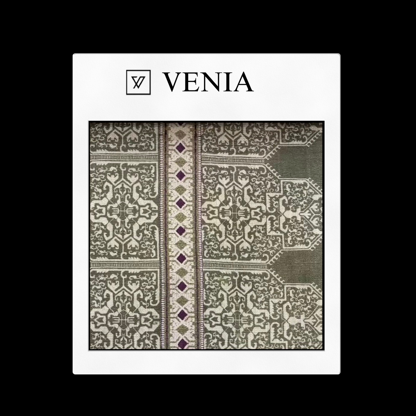 piece of curtain and upholstery fabric on a 'VENIA' monogrammed mockup