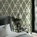 room adorned with a green designer wallpaper with Mughal motifs