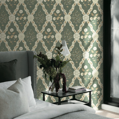 room adorned with a green designer wallpaper with Mughal motifs