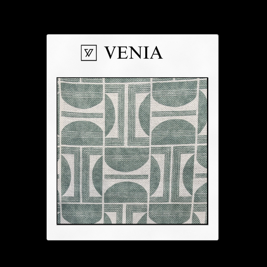 piece of curtain and upholstery fabric on a 'VENIA' monogrammed mockup