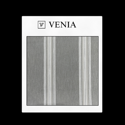 Classic grey and beige striped fabric, creating a sophisticated and versatile design for curtains, blinds, cushions, and more.piece of curtain and upholstery fabric on a 'VENIA' monogrammed mockup