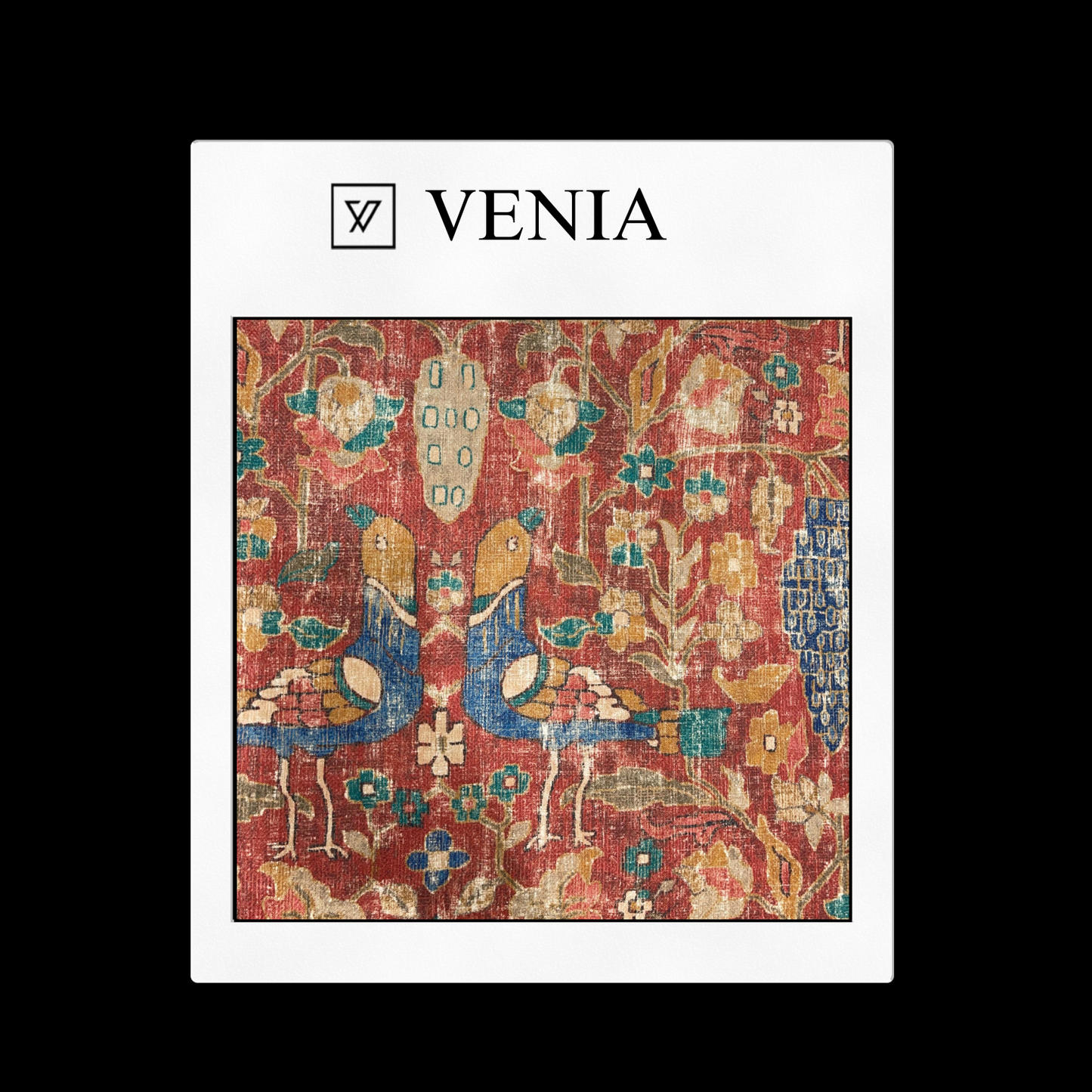 piece of curtain and upholstery fabric on a 'VENIA' monogrammed mockup