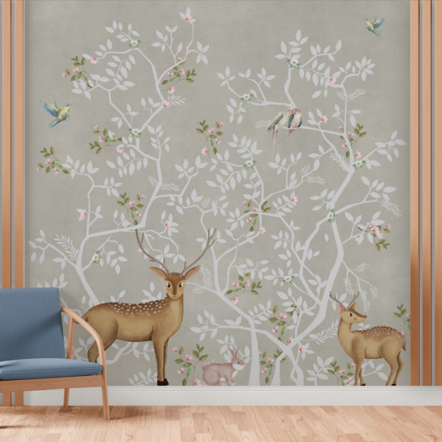 a wall adorned with a forest themed wallpaper