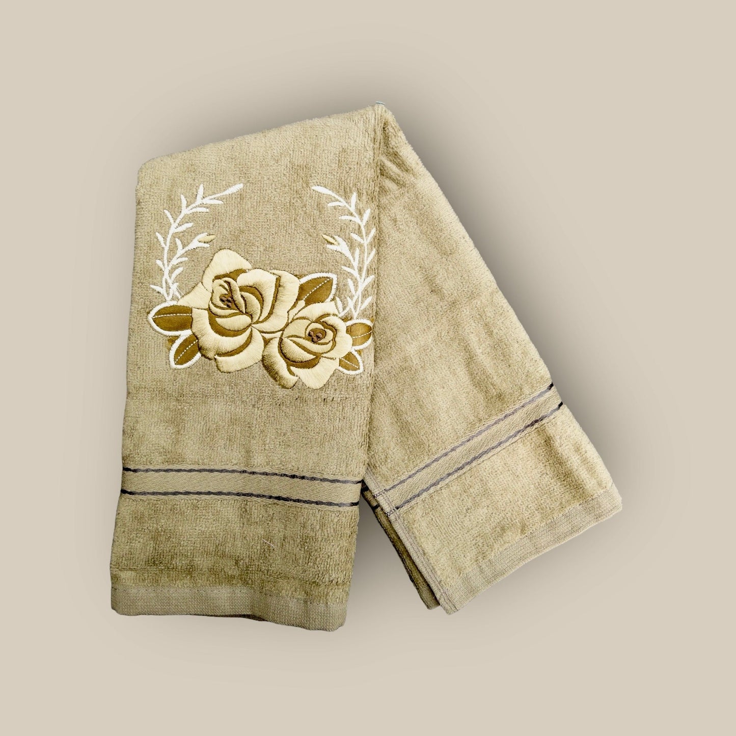 olive green hand towel with floral embroidery