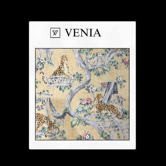 piece of curtain and upholstery fabric on a 'VENIA' monogrammed mockup