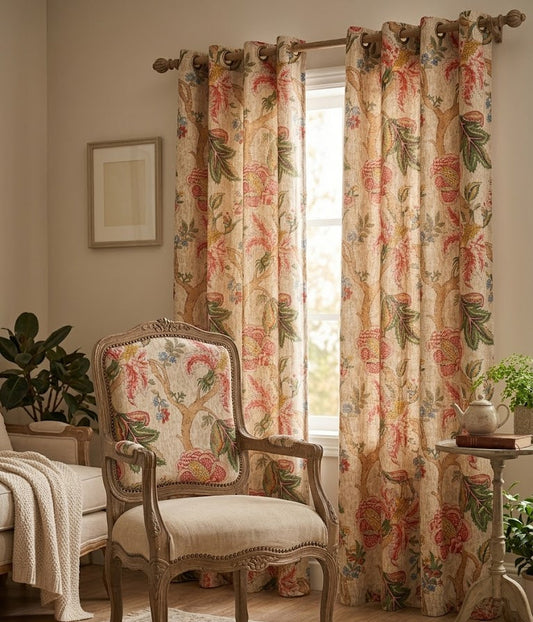 Floral curtains with a matching chair in a cozy living room.