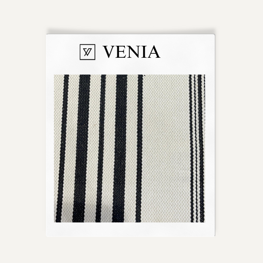 Abstract rhythm stripe black and white upholstery fabric swatch by Venia Home