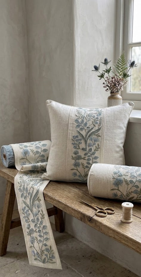 Close-up detail of aqua bel embroidered trim