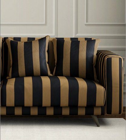 Close-up detail of black and camel atelier stripe velvet fabric
