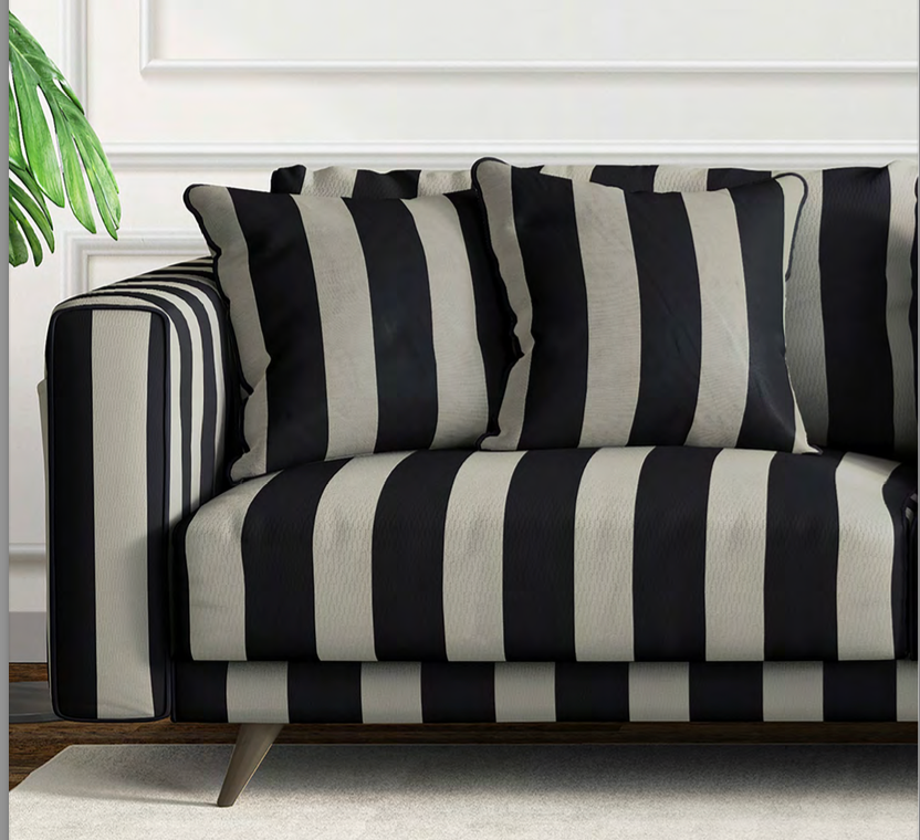 Close-up detail of black and graphite atelier stripe velvet fabric