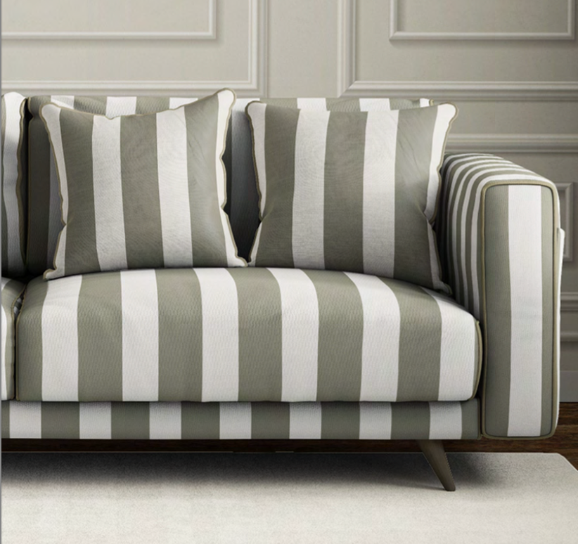 Close-up detail of ivory and khaki atelier stripe velvet fabric