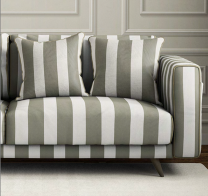 Close-up detail of ivory and khaki atelier stripe velvet fabric